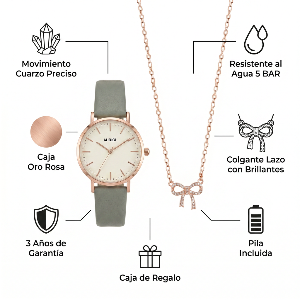 Set Reloj y Colgante Auriol Mujer Rosé/Gris — Lazo con Brillantes + Pila Incluida