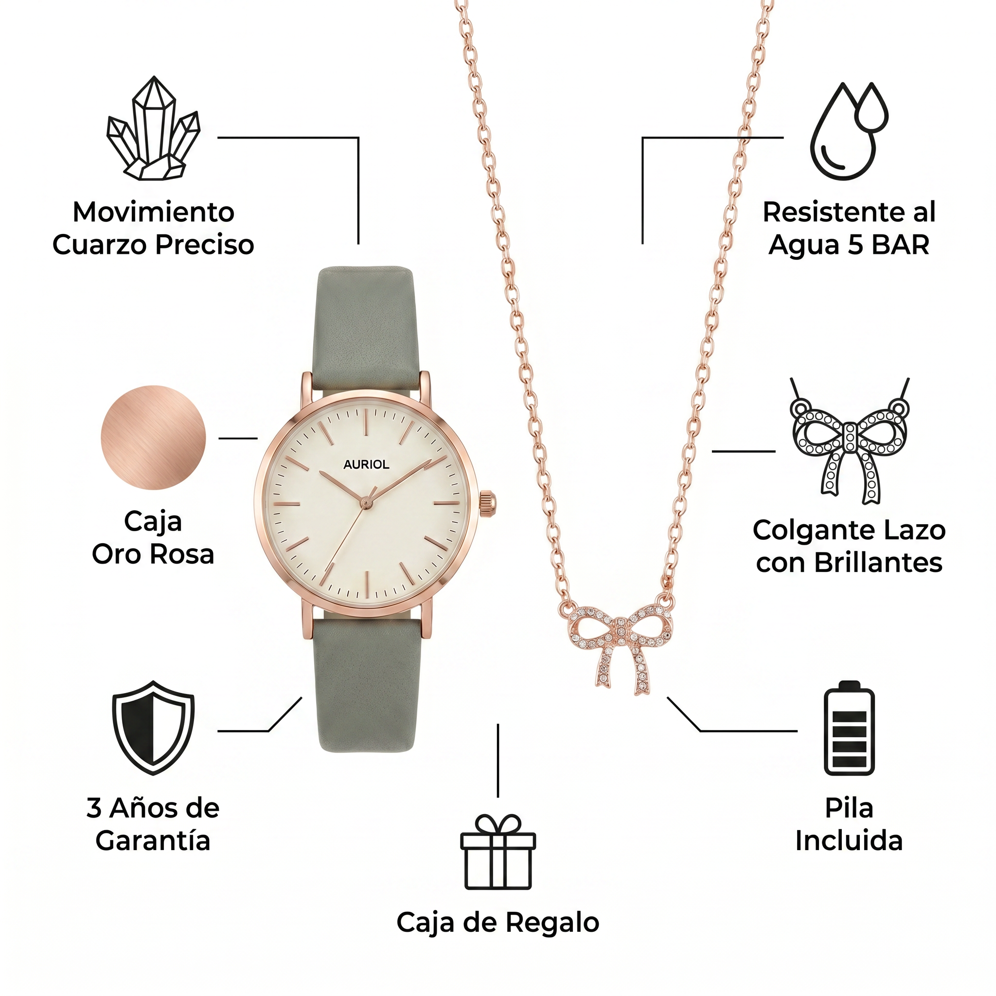 Set Reloj y Colgante Auriol Mujer Rosé/Gris — Lazo con Brillantes + Pila Incluida