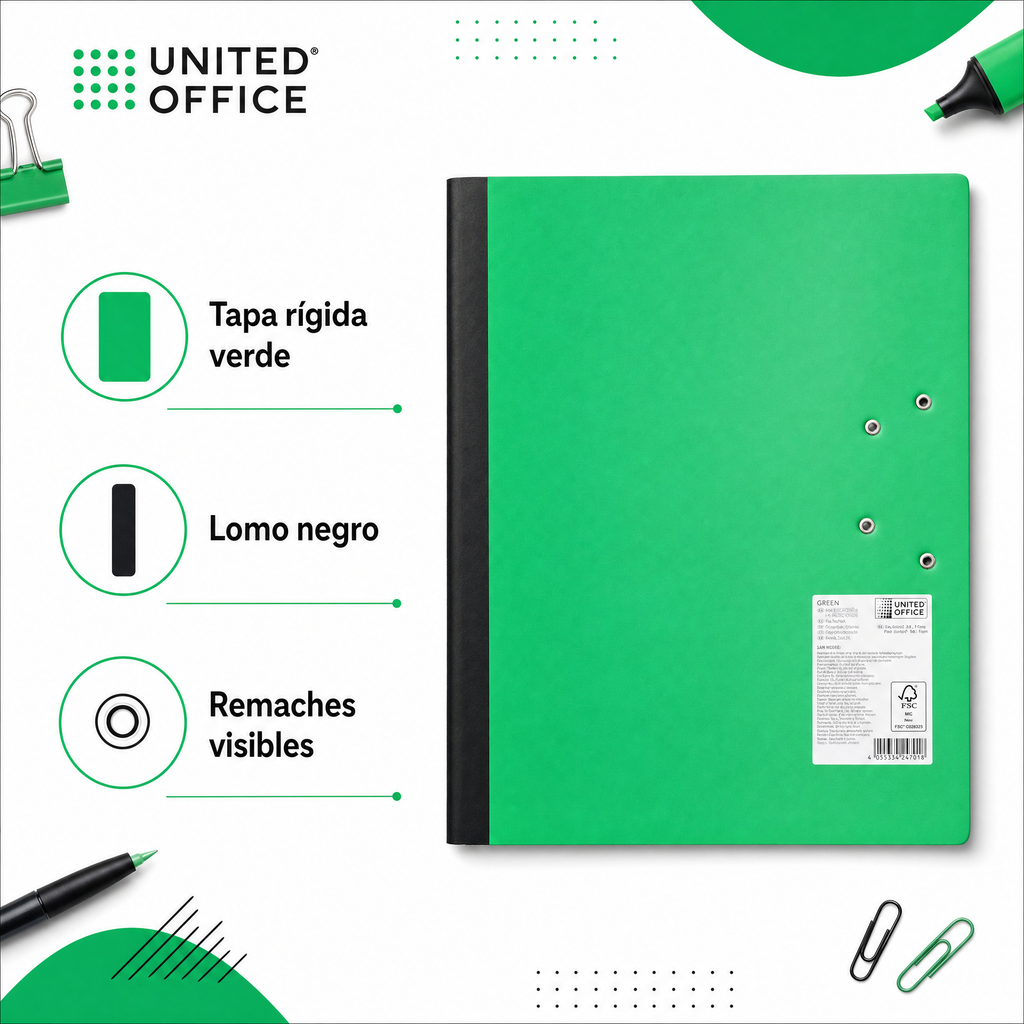 United Office - Carpeta de tapa rígida verde con lomo negro