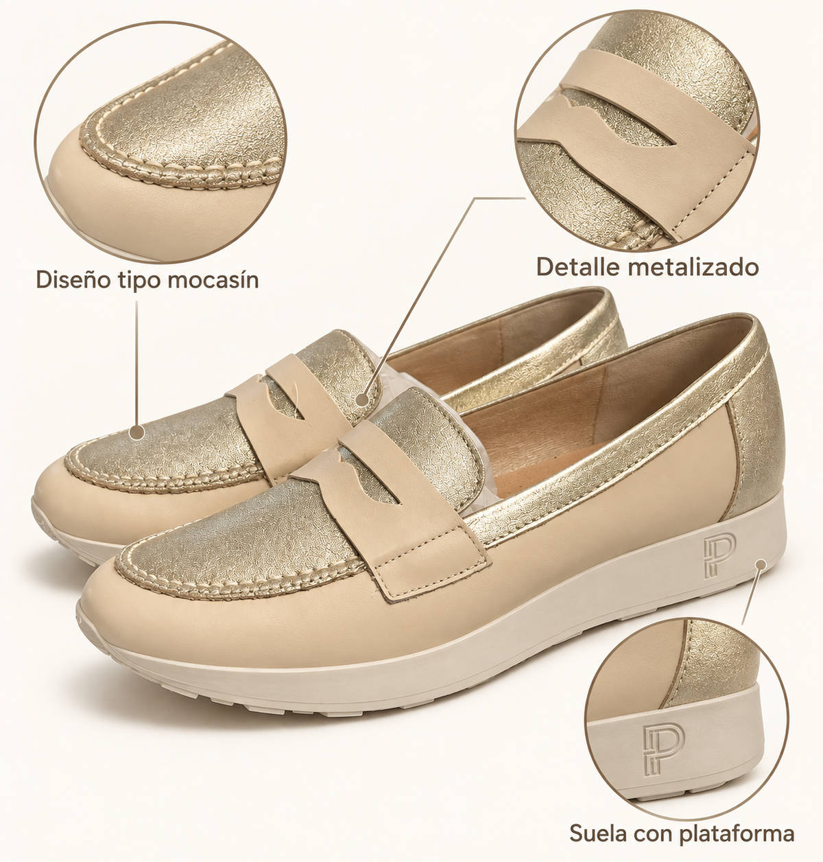 Características de los mocasines Pitillos 17178 crema y metalizado talla 39