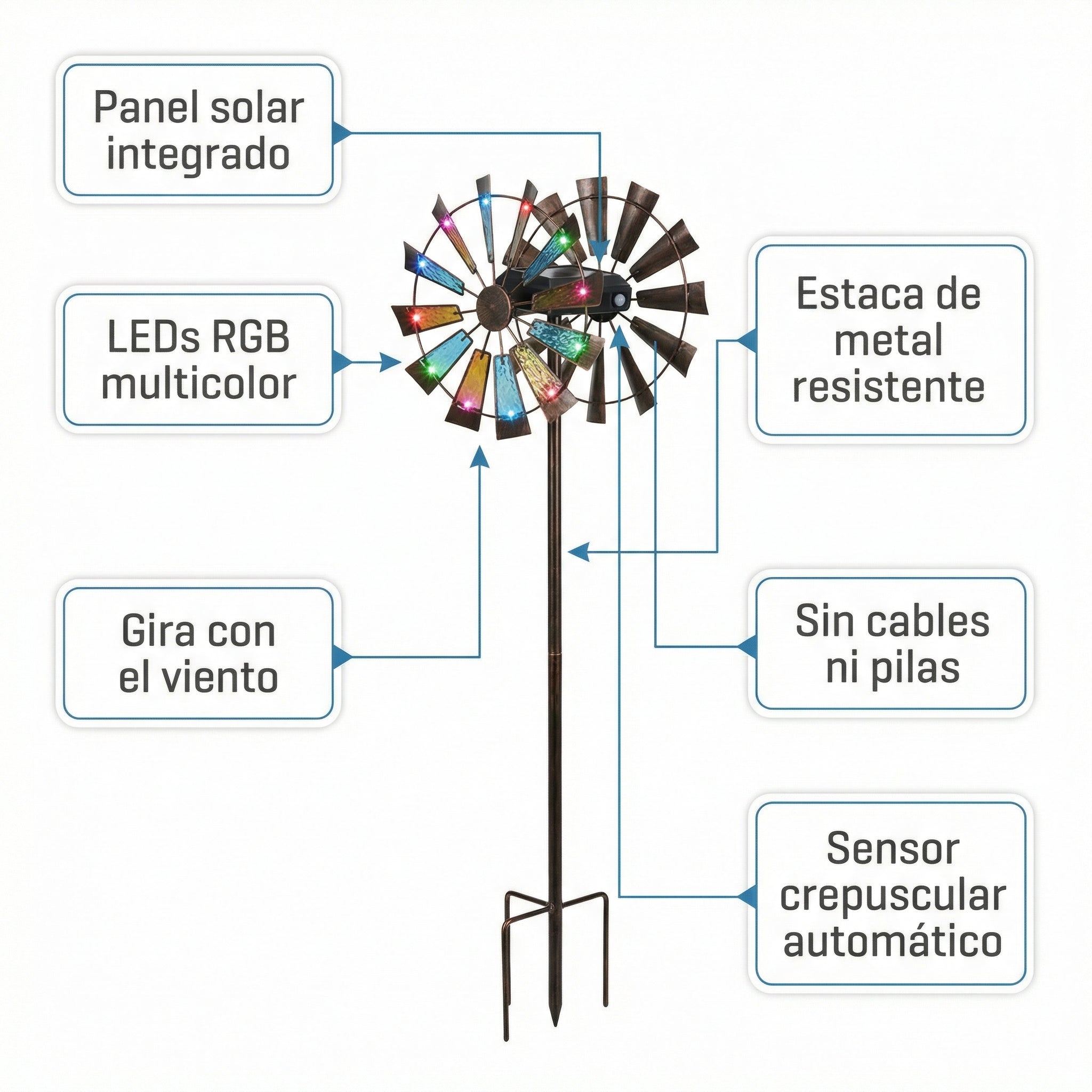 Molinillo Solar Primavera RGB con LEDs Multicolor Estaca Jardín | Belavi