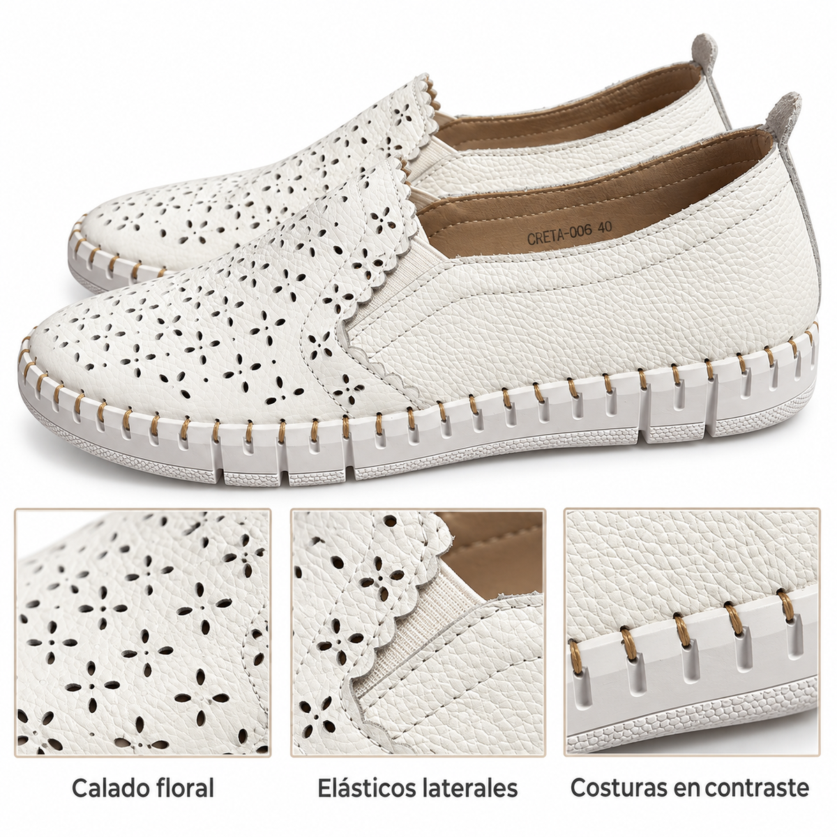 Calado floral, elásticos y costuras de los Creta-006 blancos