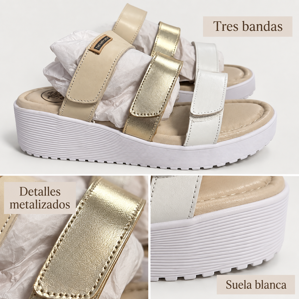 Sandalias The Happy Monk Banus-004 beige, dorado y blanco: tres bandas y suela blanca