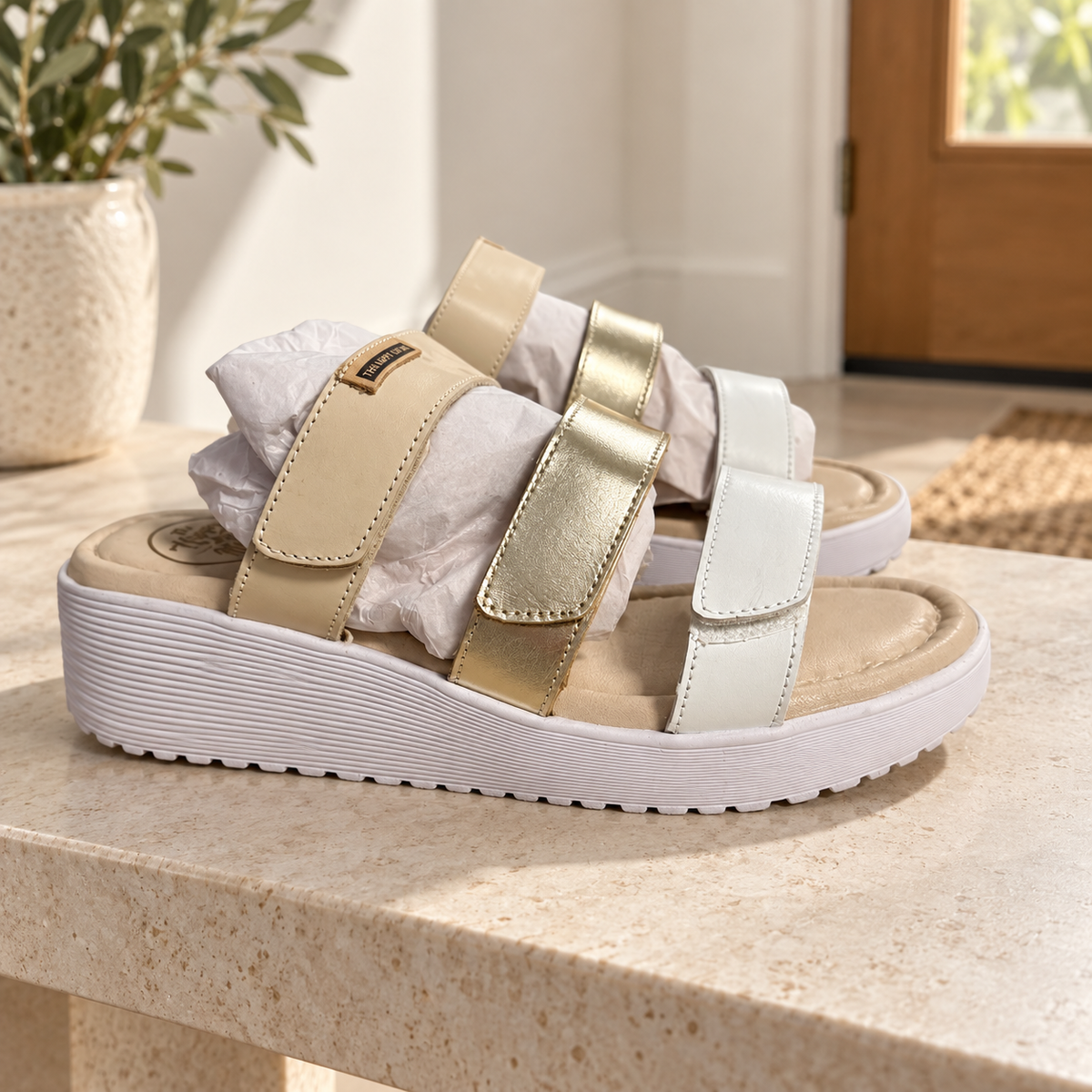 Sandalias The Happy Monk Banus-004 beige, dorado y blanco: vista en una entrada