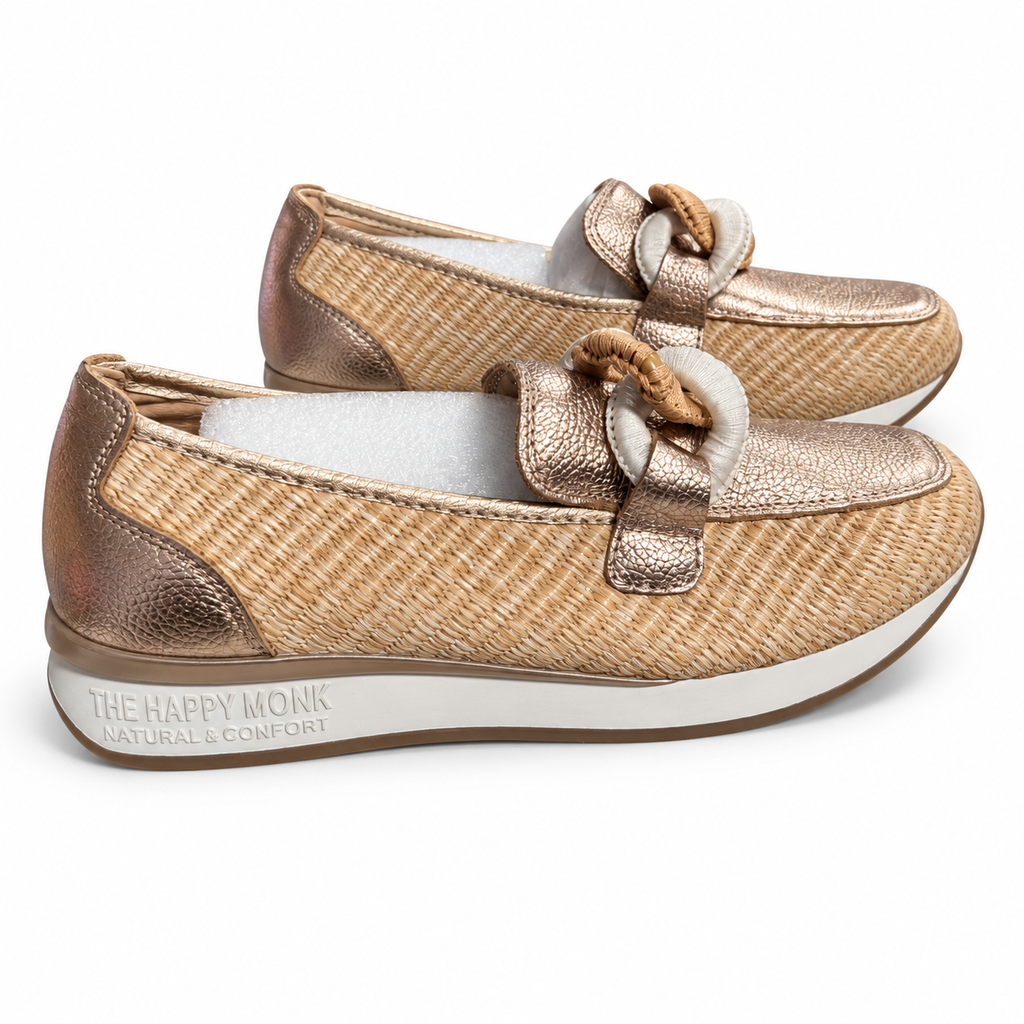 Mocasines The Happy Monk Vanity-011 salmón con trenzado natural y detalles metalizados: blanco