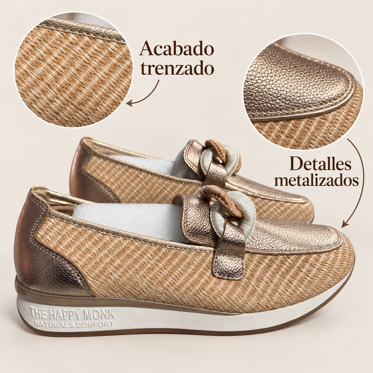 Mocasines The Happy Monk Vanity-011 salmón con trenzado natural y detalles metalizados: detalles visibles