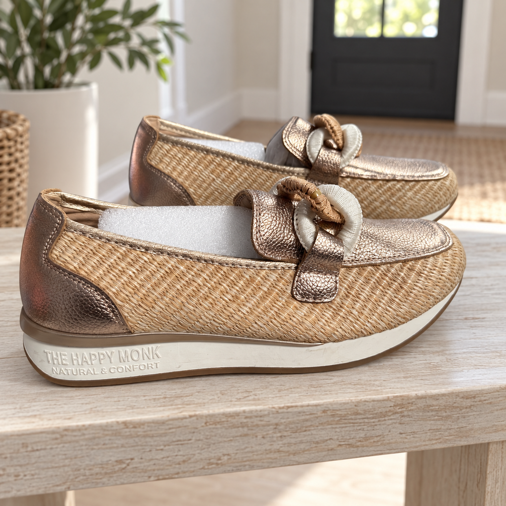 Mocasines The Happy Monk Vanity-011 salmón con trenzado natural y detalles metalizados: lifestyle