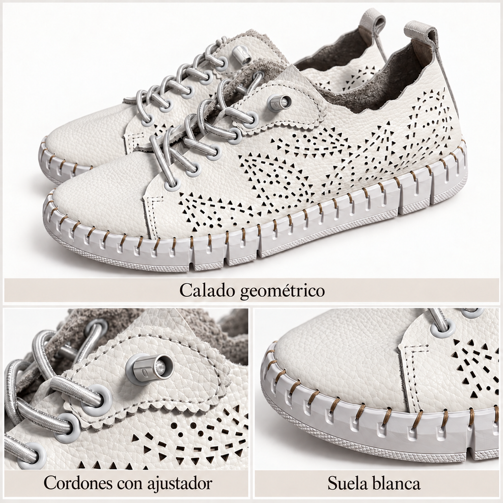 The Happy Monk Creta-027 blancos con calado geométrico y cordones con ajustador