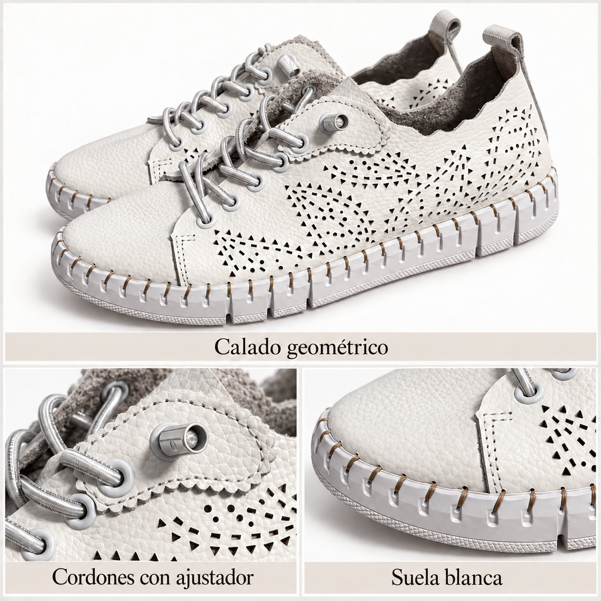 The Happy Monk Creta-027 blancos con calado geométrico y cordones con ajustador
