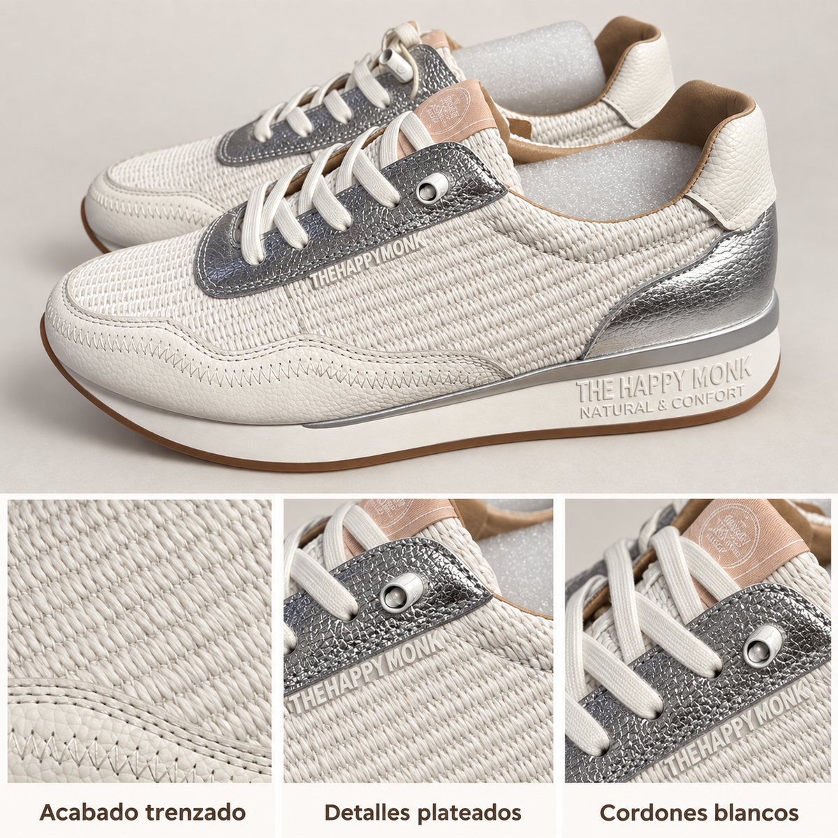 Zapatillas The Happy Monk Vanity-019 blancas con trenzado y paneles plateados