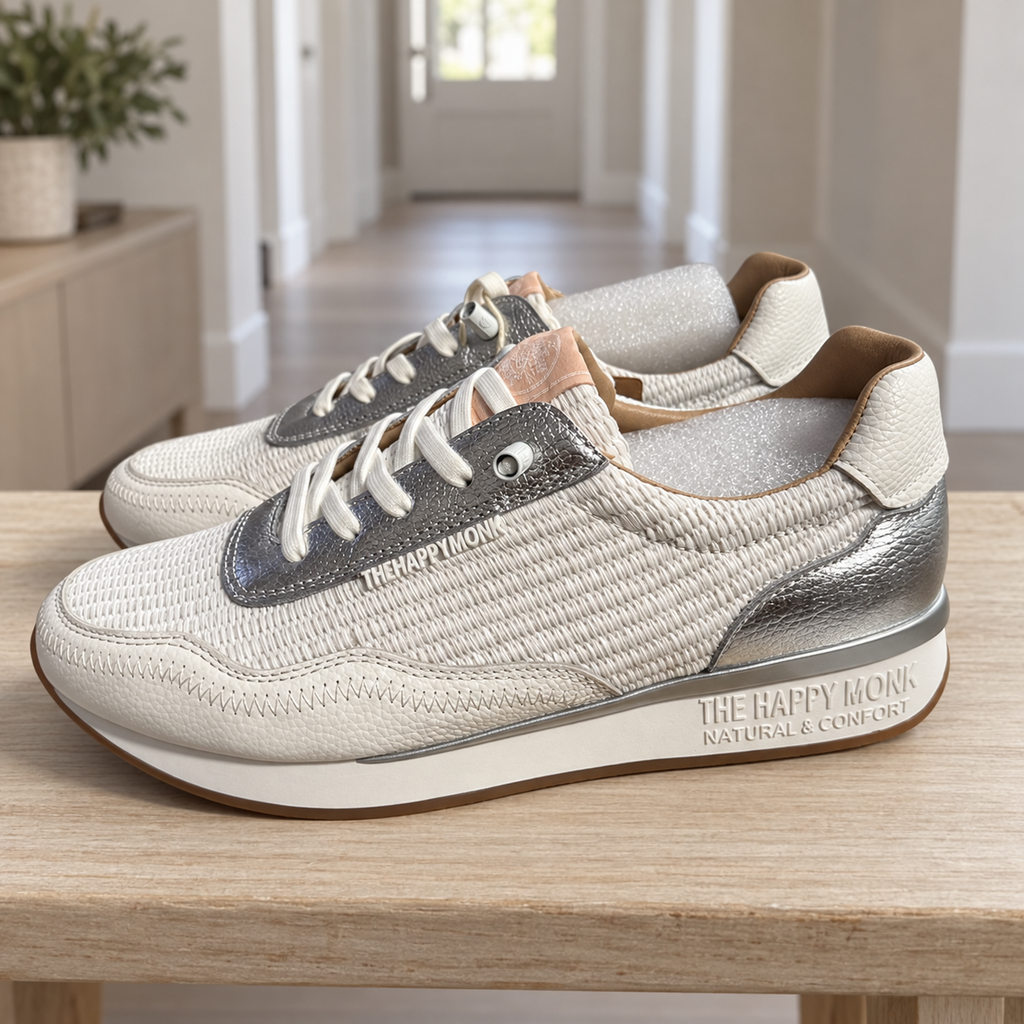 Zapatillas The Happy Monk Vanity-019 blancas con trenzado y paneles plateados