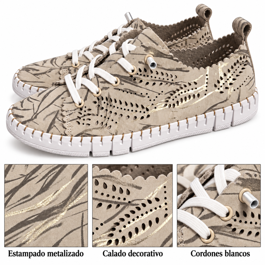 Detalles del estampado metalizado, calados y cordones de Happy Monk Creta 014M