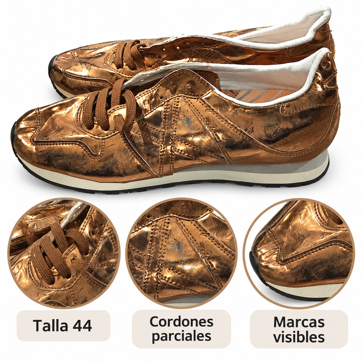 Munich cobre talla 44, cordones parciales y marcas visibles — características