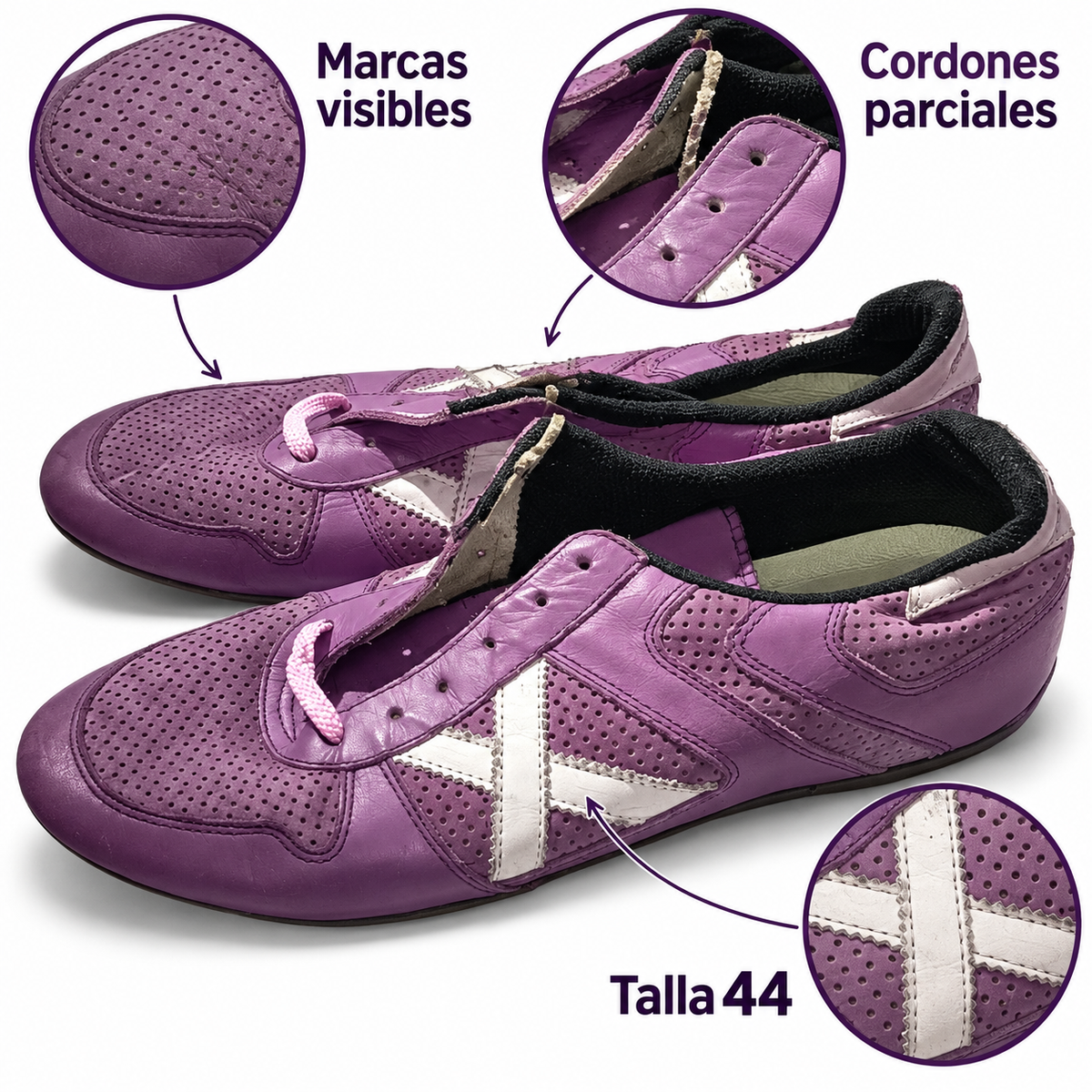 Munich morada perforada X blanca talla44 — características y marcas visibles