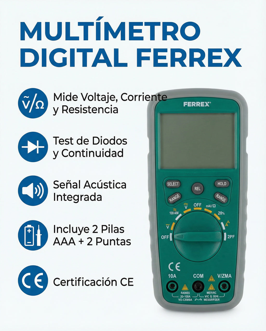 Multímetro Digital con Puntas de Medición y Pilas Incluidas | Ferrex