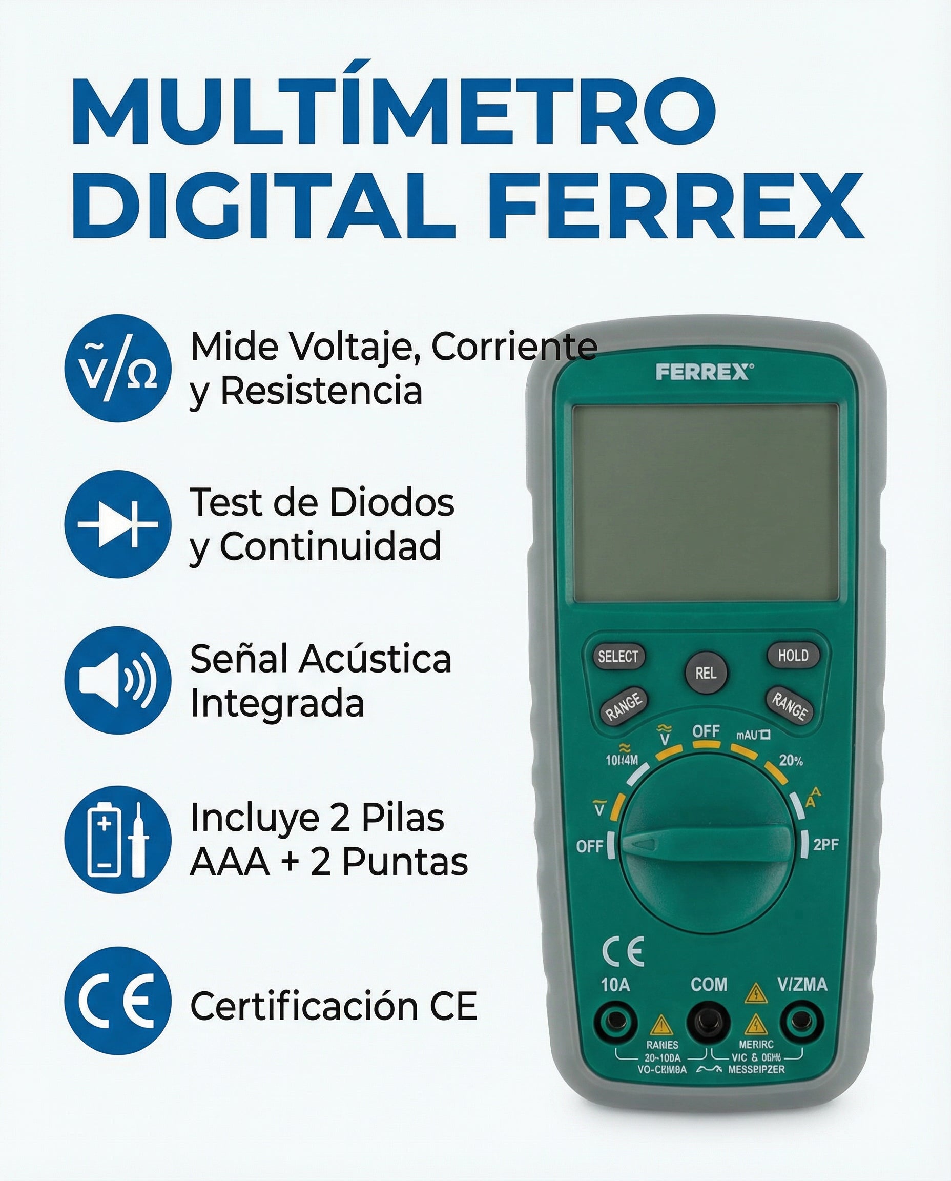 Multímetro Digital con Puntas de Medición y Pilas Incluidas | Ferrex