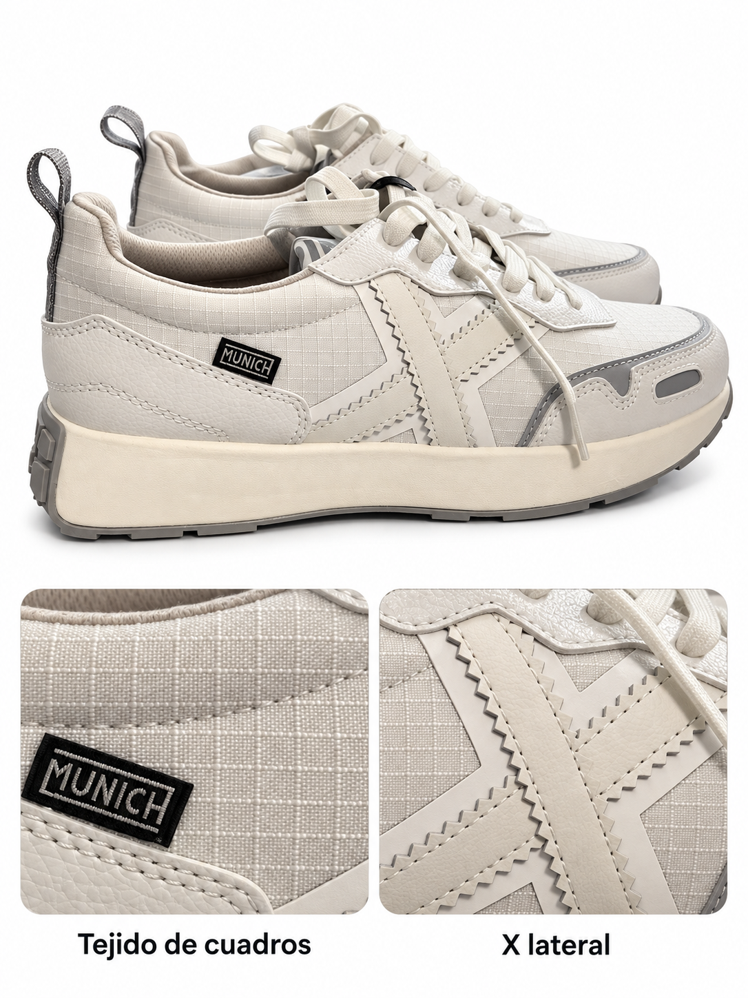 Munich Xemine 70 blancas y perla talla 40 — tejido de cuadros y X lateral