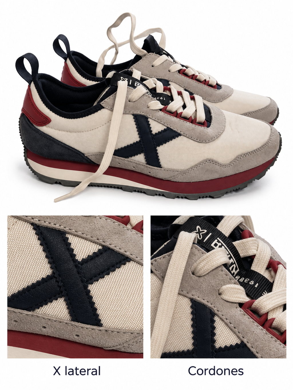 Munich UM 83 blancas y gris con X azul marino y suela burdeos talla 40 — X lateral y cordones