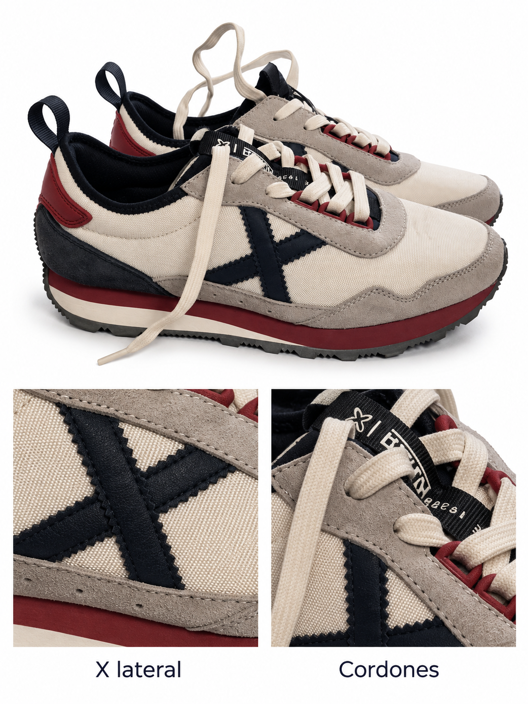 Munich UM 83 blancas y gris con X azul marino y suela burdeos talla 40 — X lateral y cordones
