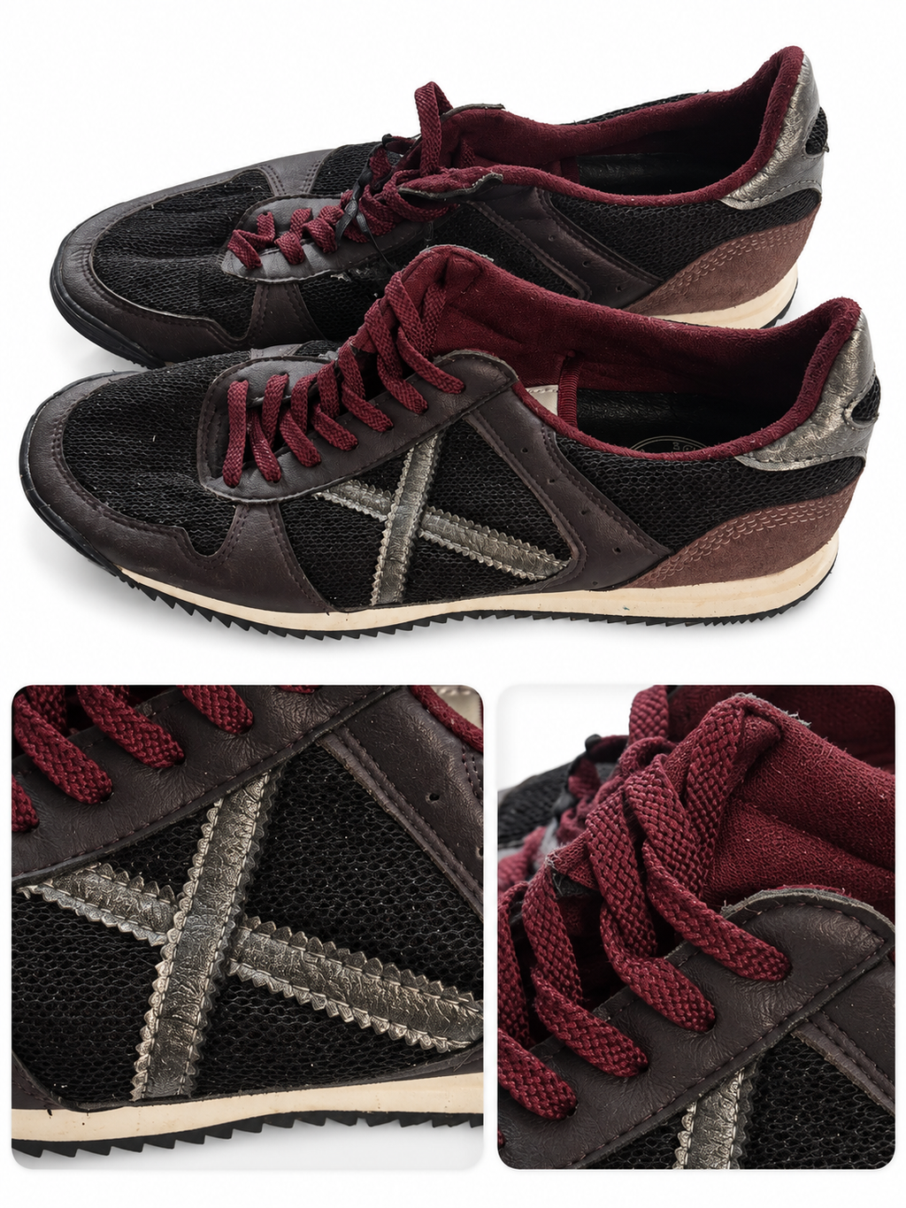 Zapatillas Munich negras y burdeos con X plateada — detalles visibles del par