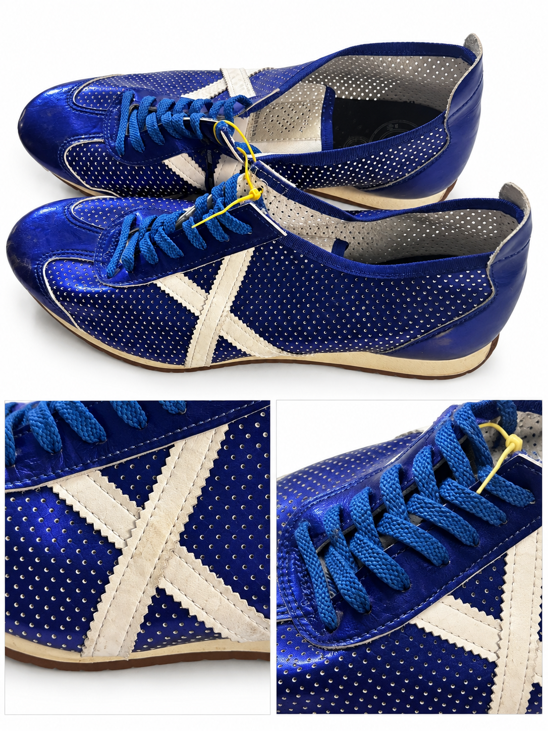 Zapatillas Munich azul eléctrico perforadas con X blanca — detalles visibles del par