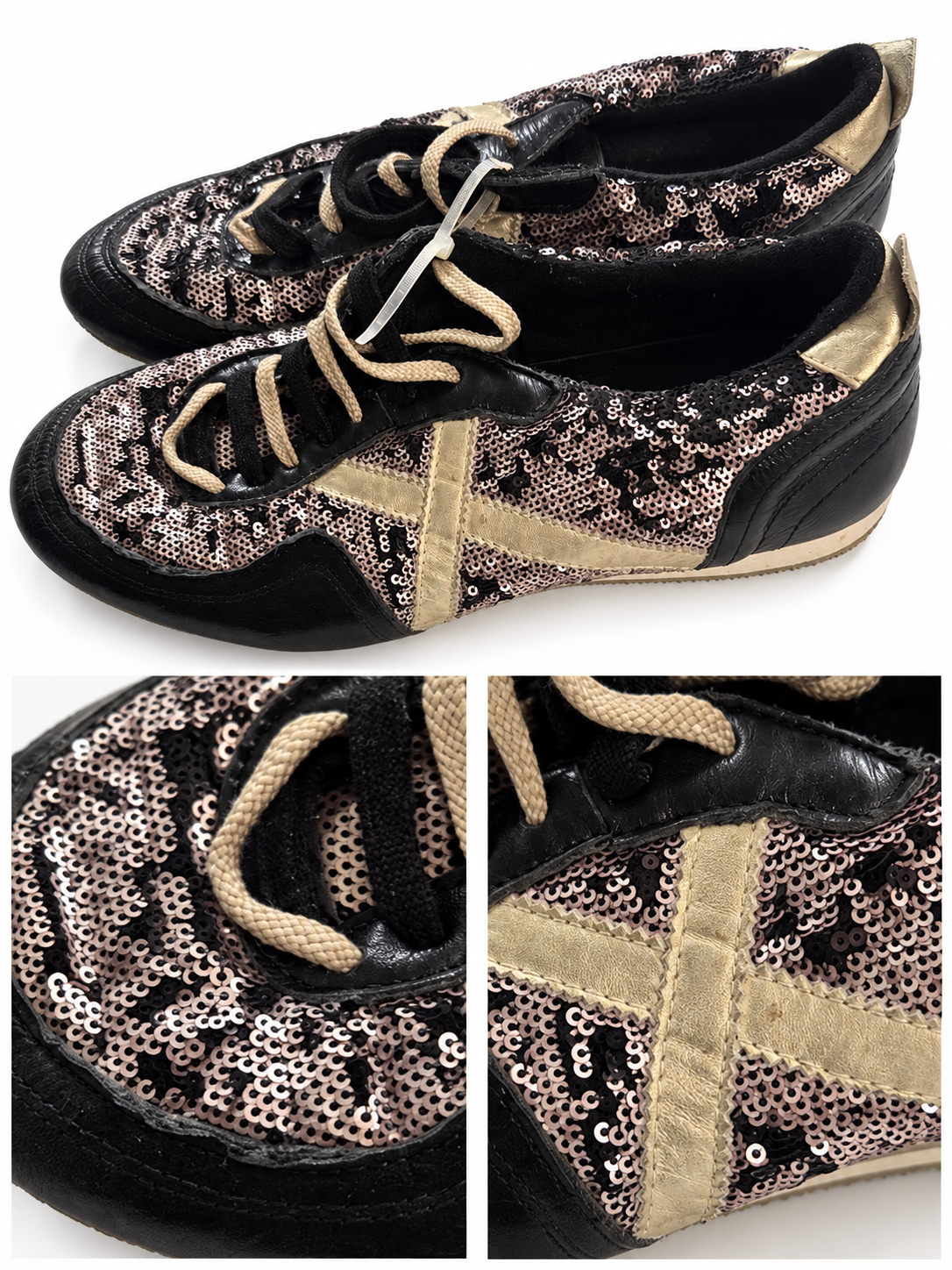 Zapatillas Munich negras con lentejuelas y X dorada — detalles