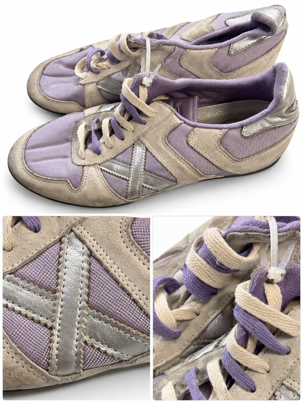 Zapatillas Munich lila y beige con X plateada y cordones bicolor — detalles