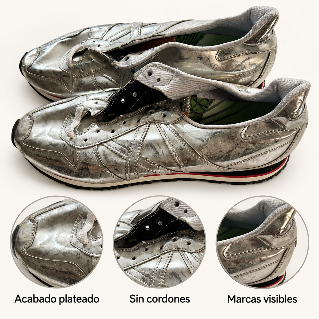 Zapatillas Munich plateadas con X tonal, sin cordones — detalles y marcas visibles del acabado