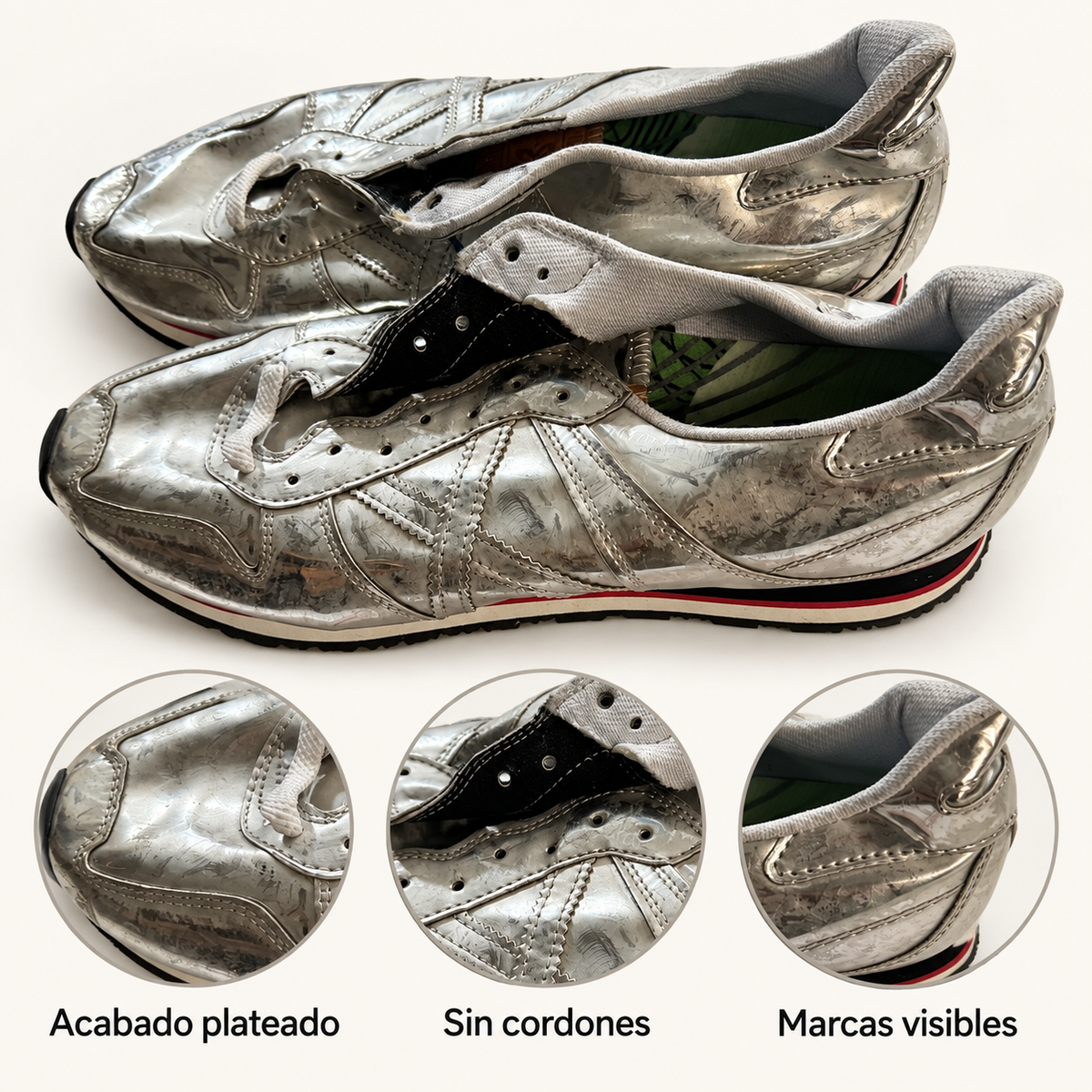 Zapatillas Munich plateadas con X tonal, sin cordones — detalles y marcas visibles del acabado