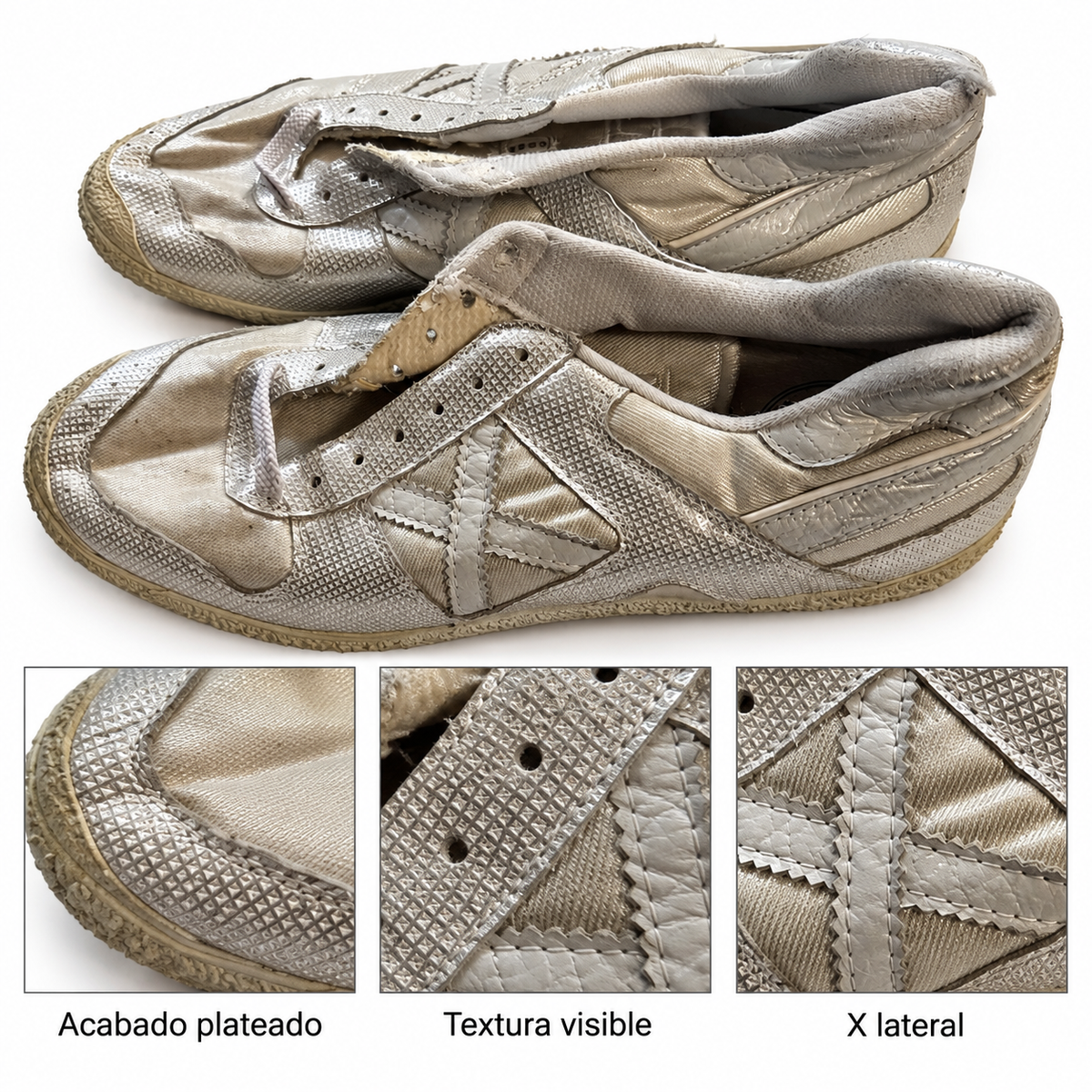 Zapatillas Munich plateadas y champán con textura geométrica — detalles visibles de textura y X