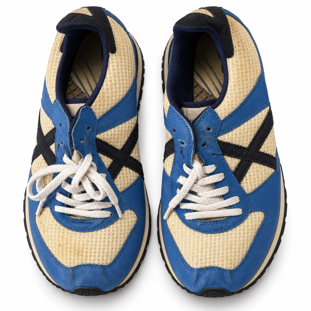Zapatillas Munich de malla crema y azul con X oscura — vista del par sobre fondo blanco