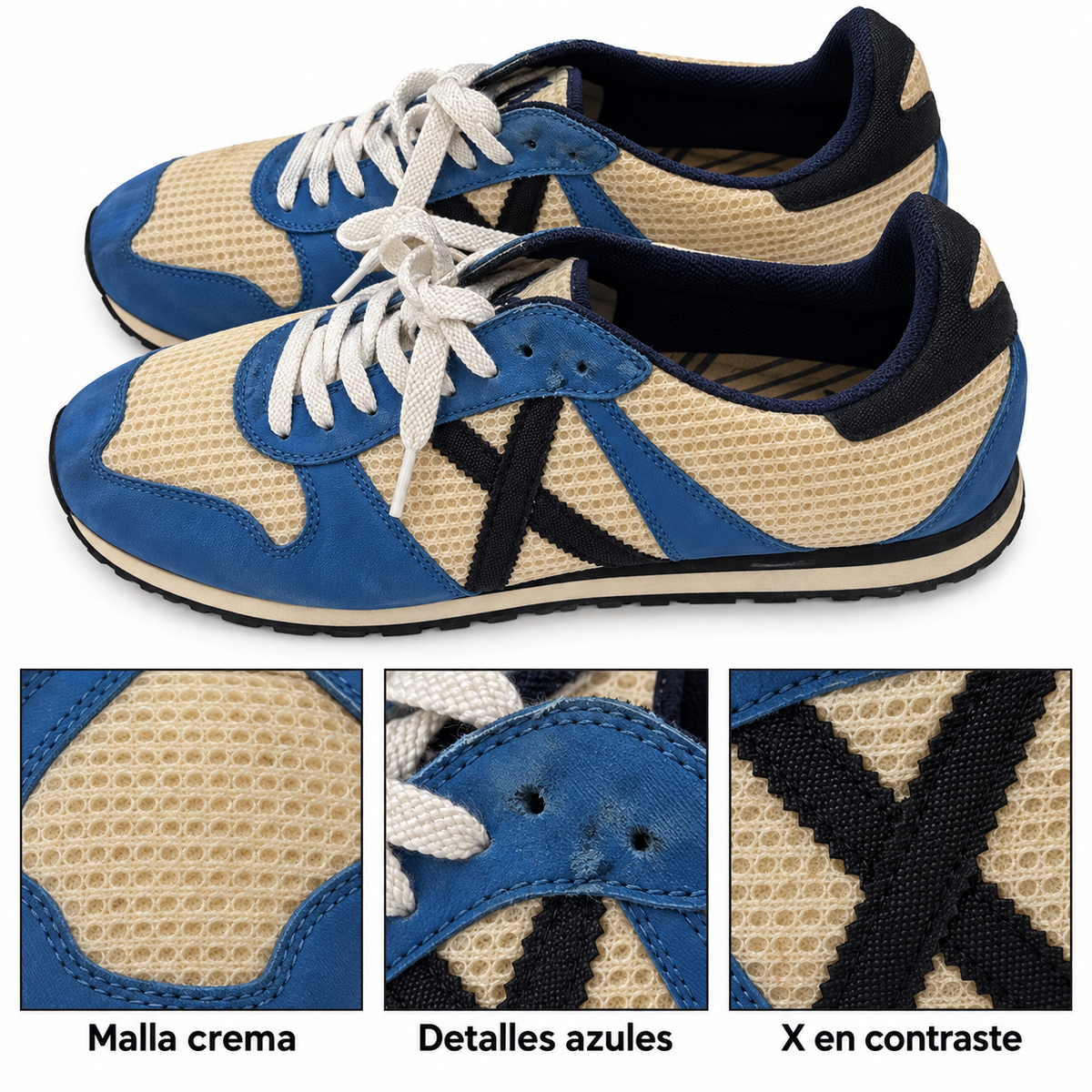 Zapatillas Munich de malla crema y azul con X oscura — detalles de malla y paneles