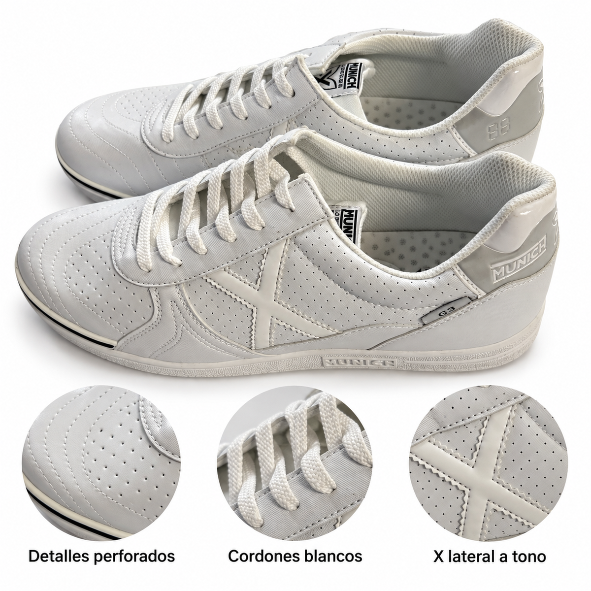 Zapatillas Munich G3 blancas — detalles perforados, cordones y X lateral