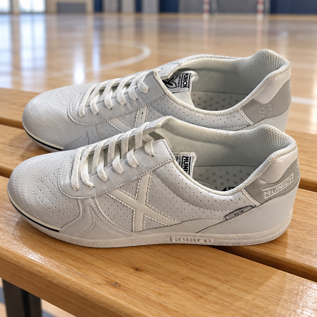 Zapatillas Munich G3 blancas — par junto a una pista interior
