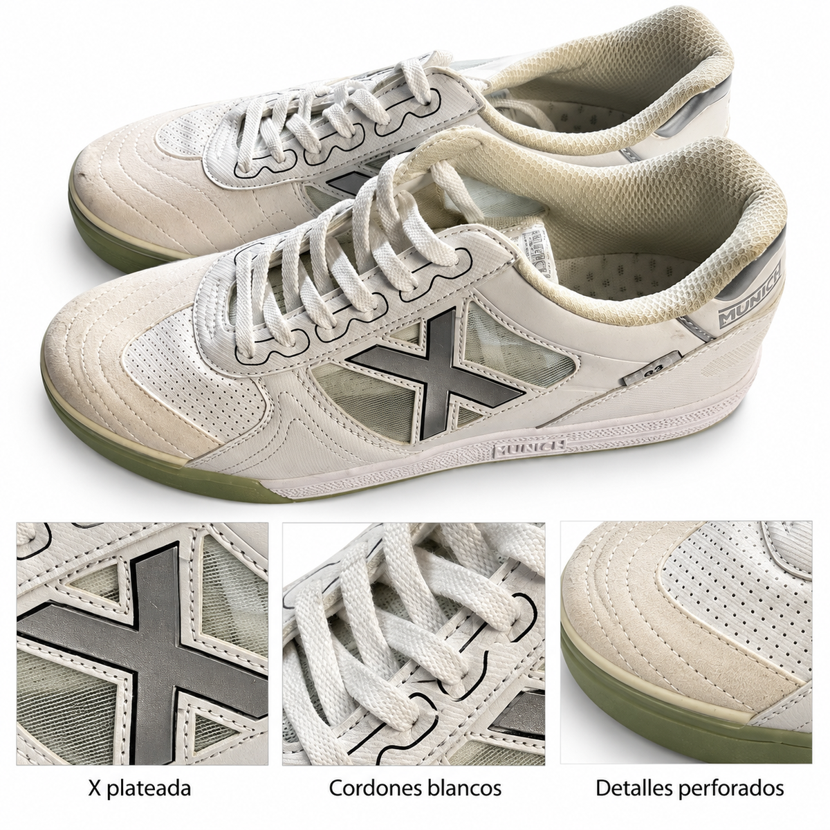 Munich G3 blancas con X plateada — detalles de X plateada y cordones