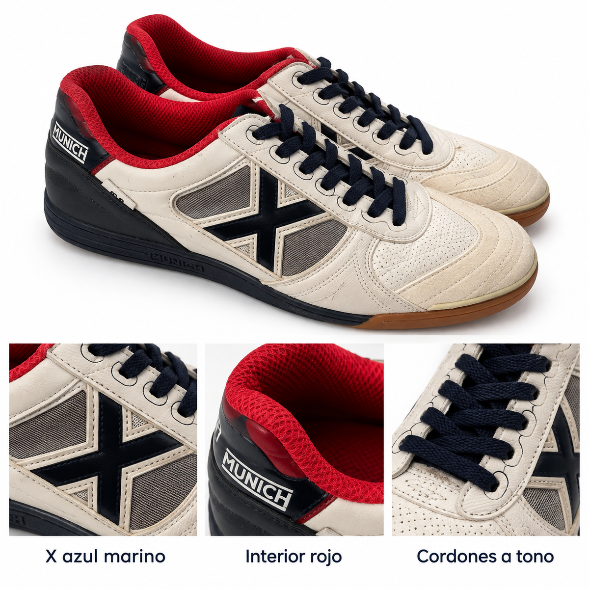 Munich G3 blancas con X azul marino e interior rojo — detalles visibles del calzado