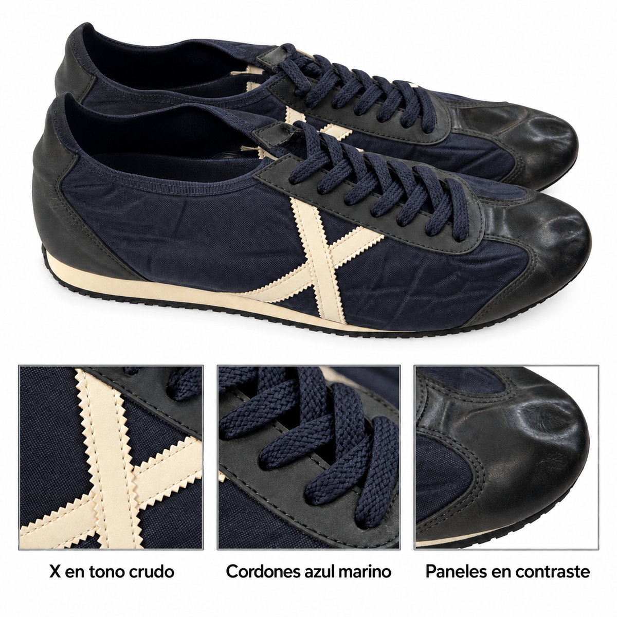 Munich azul marino con paneles negros y X cruda — detalles visibles