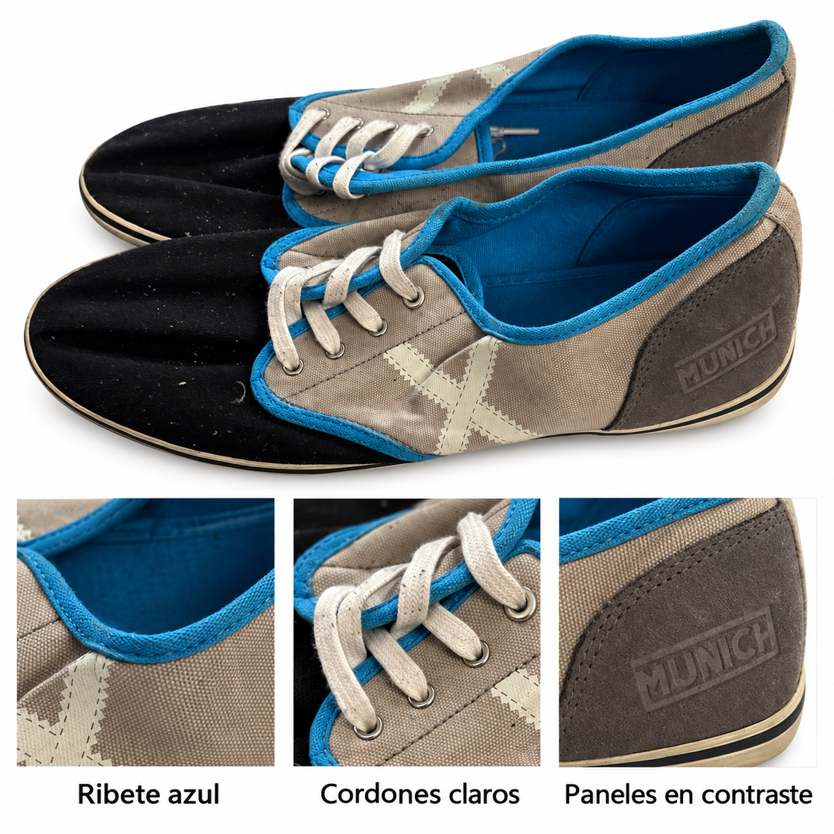 Munich negras y beige con ribete azul — detalles visibles