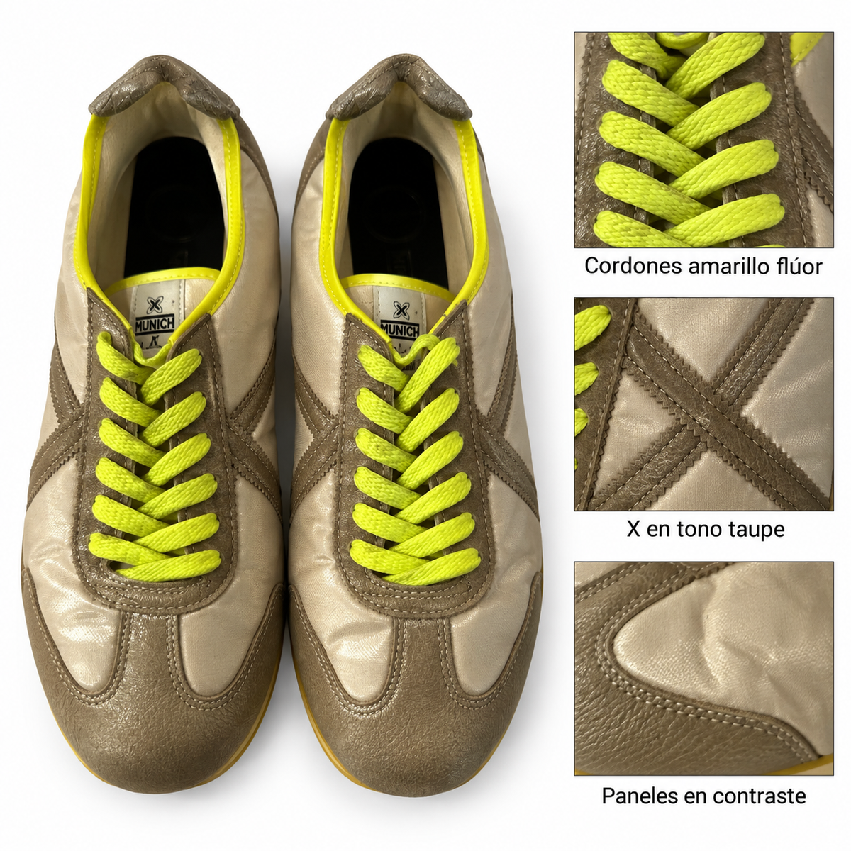Munich beige y taupe con cordones amarillo flúor — detalles visibles