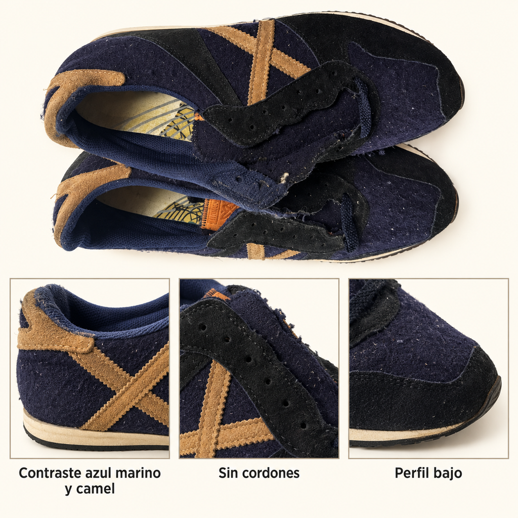 Munich azul marino y camel sin cordones — detalles visibles