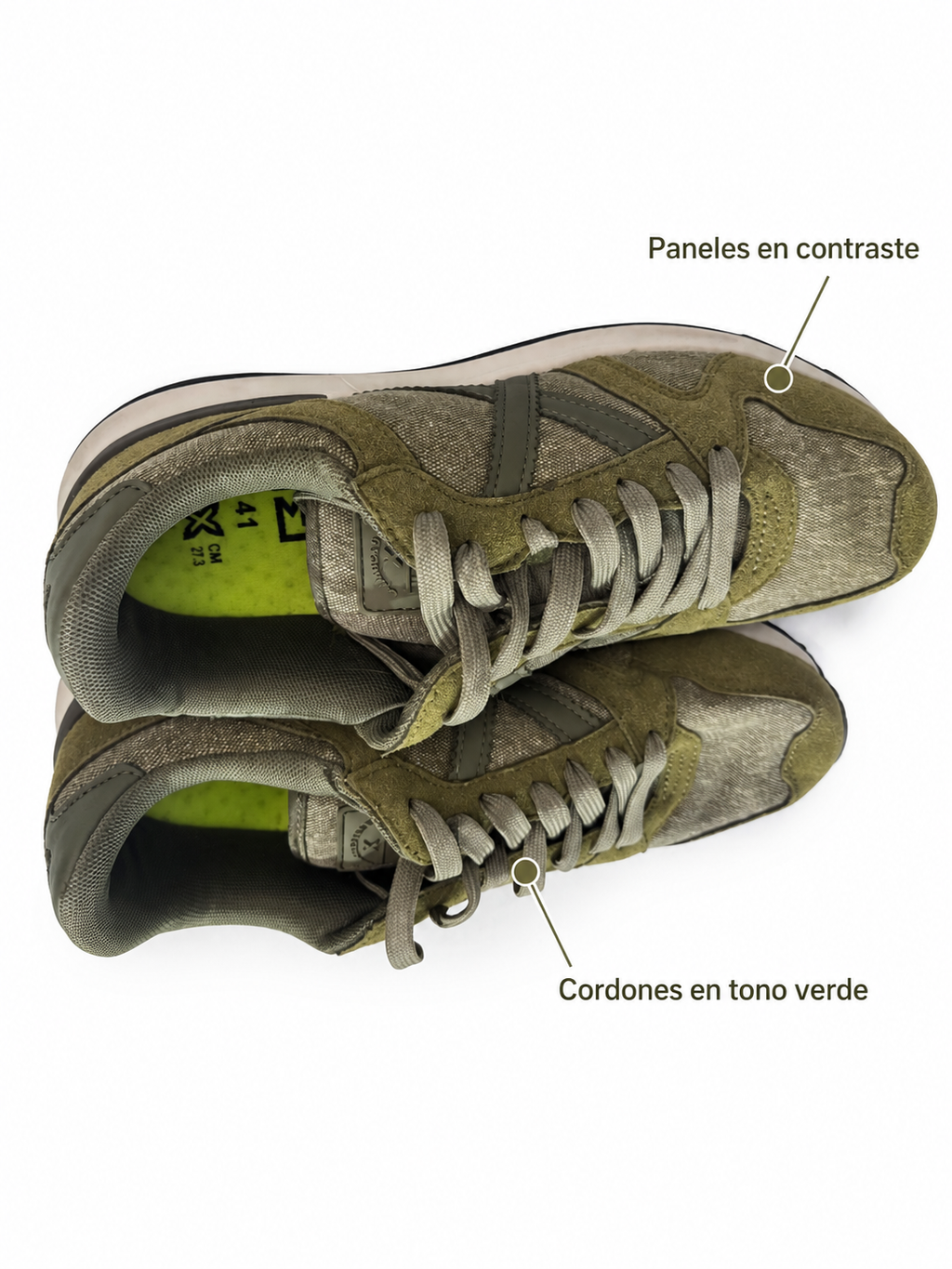 Detalles de los cordones y paneles en contraste de las Munich verde oliva