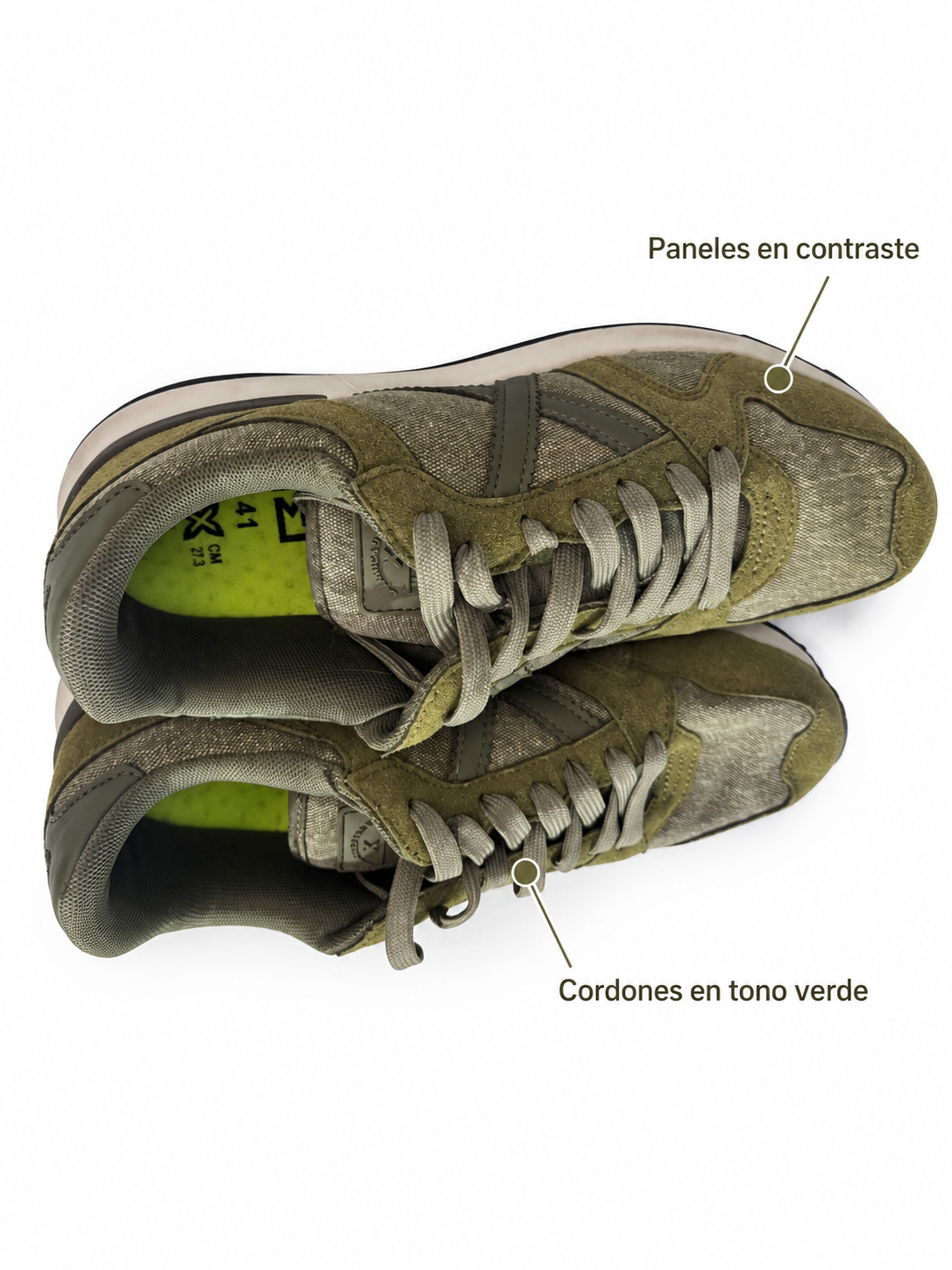 Detalles de los cordones y paneles en contraste de las Munich verde oliva