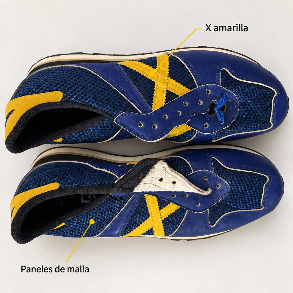Detalle de X amarilla y paneles de malla azul