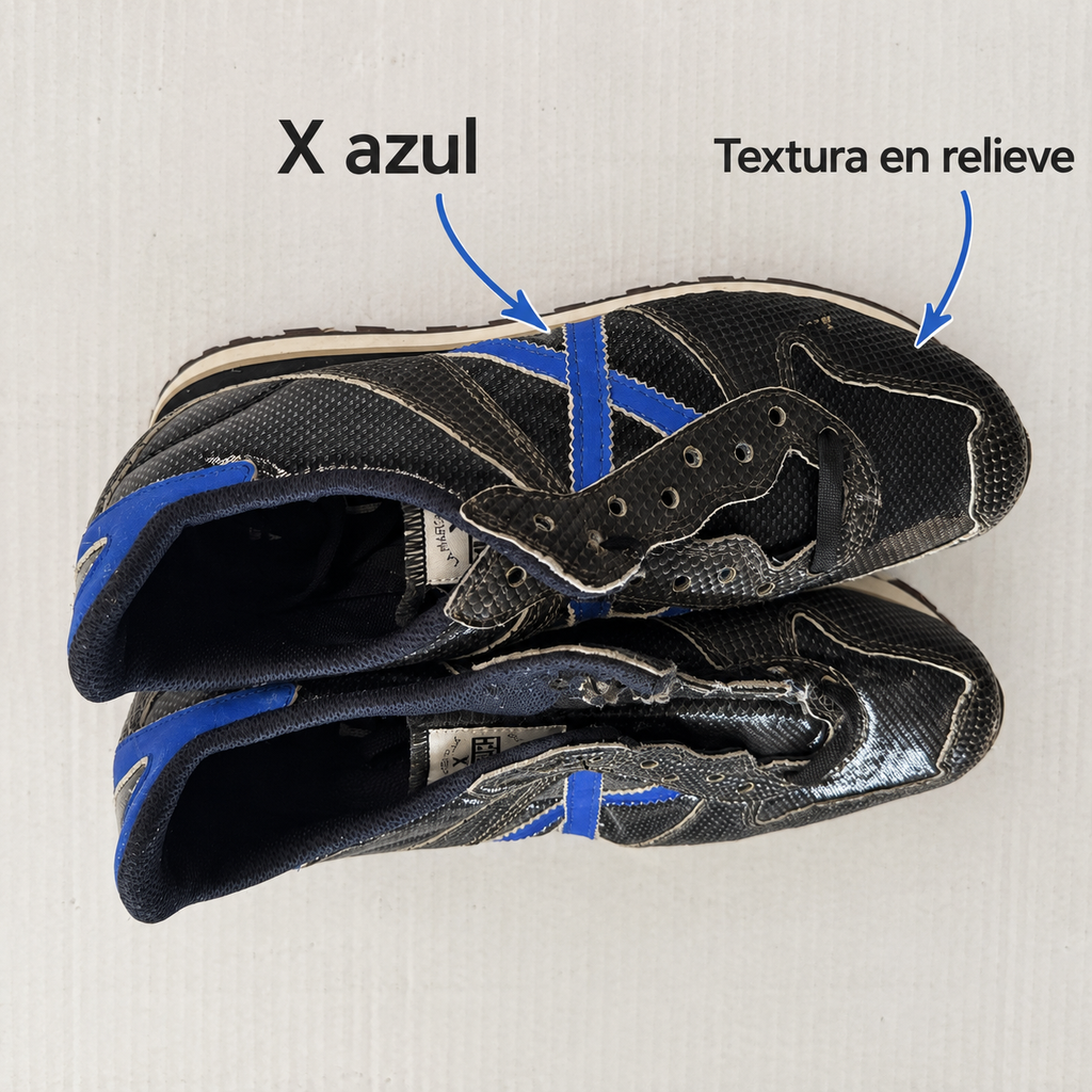 X azul y textura en relieve de las Munich negras