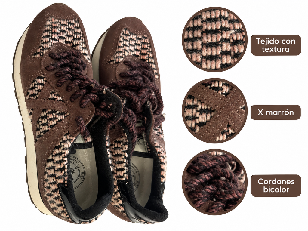 Detalles del tejido con textura, X marrón y cordones bicolor