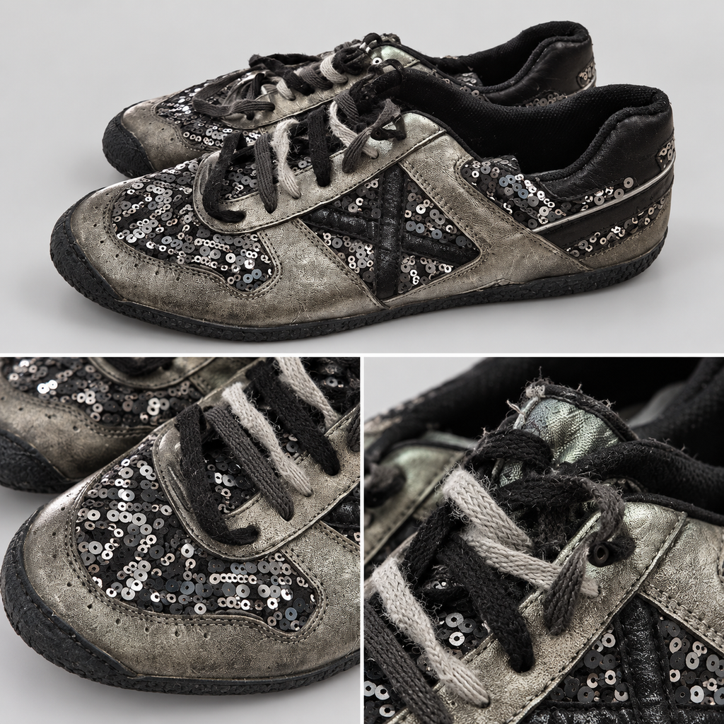Zapatillas Munich de lentejuelas oscuras con X negra · Talla 45 - detalle de diseño y estado