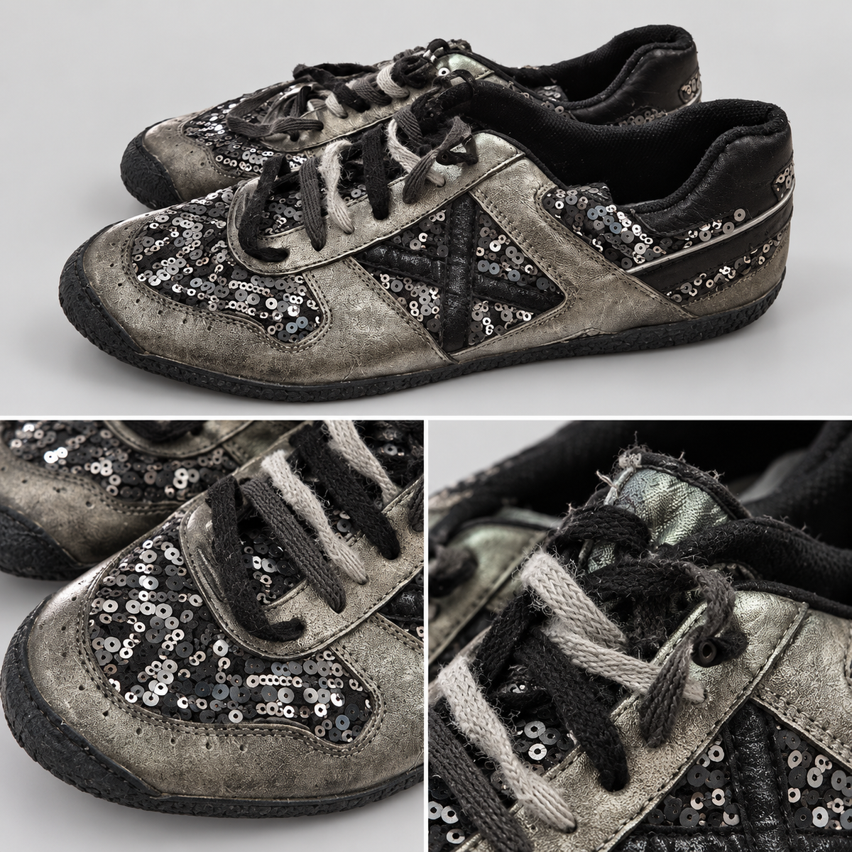 Zapatillas Munich de lentejuelas oscuras con X negra · Talla 45 - detalle de diseño y estado