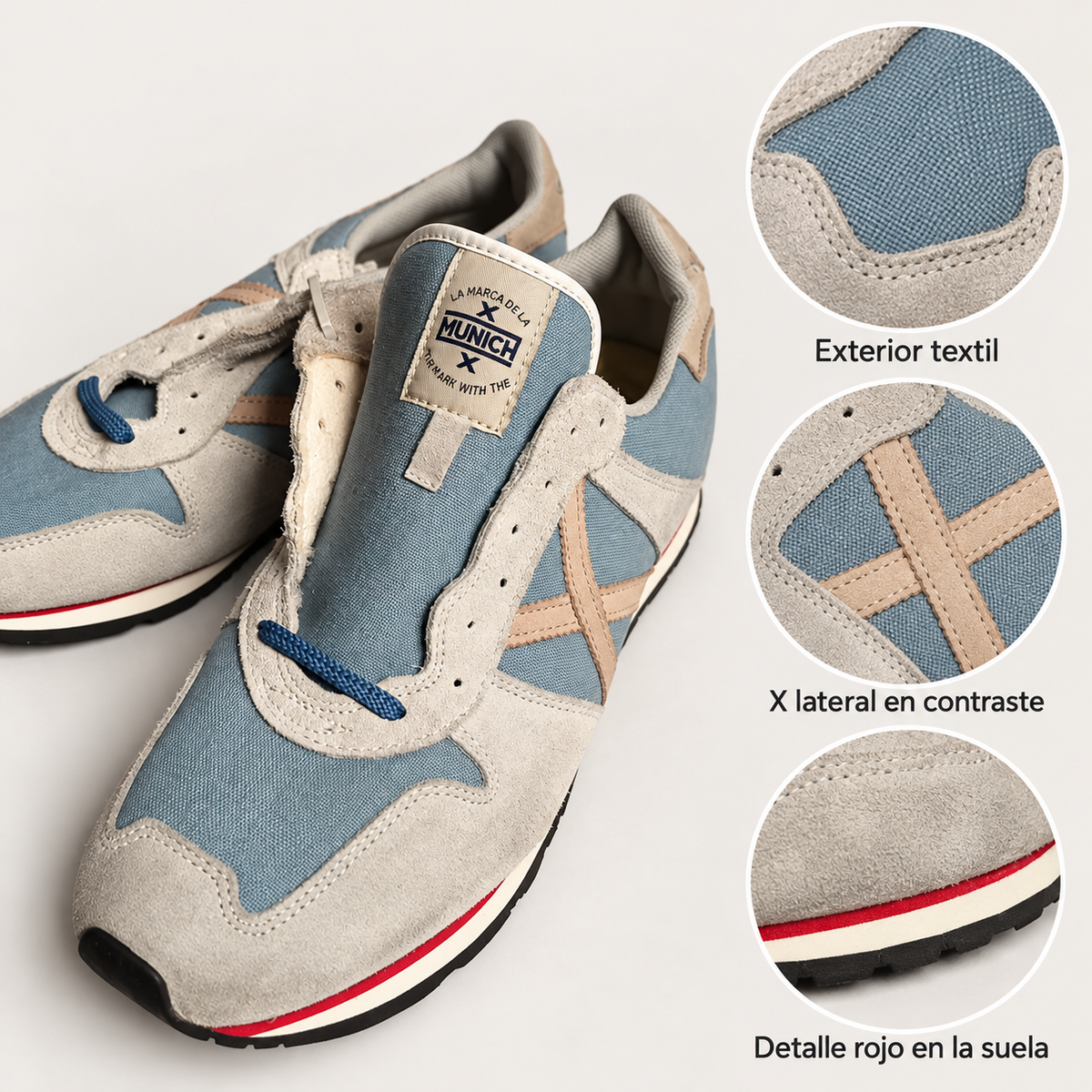 Detalles visibles de las zapatillas Munich azul grisáceo y beige