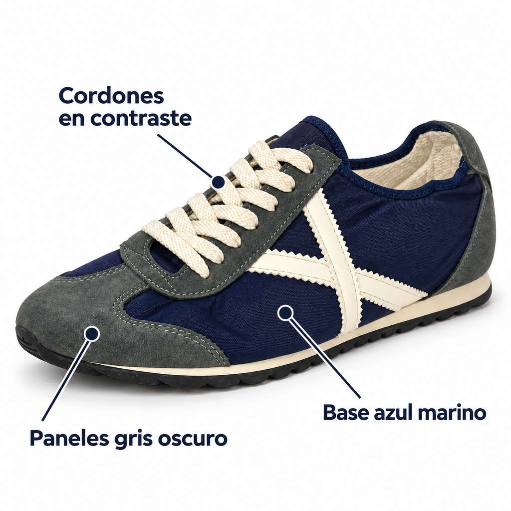 Características de las zapatillas Munich azul marino con paneles grises y cordones en contraste