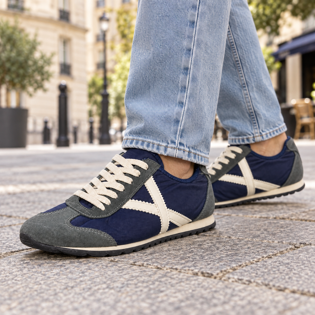 Zapatillas Munich azul marino, gris y crema en una escena urbana